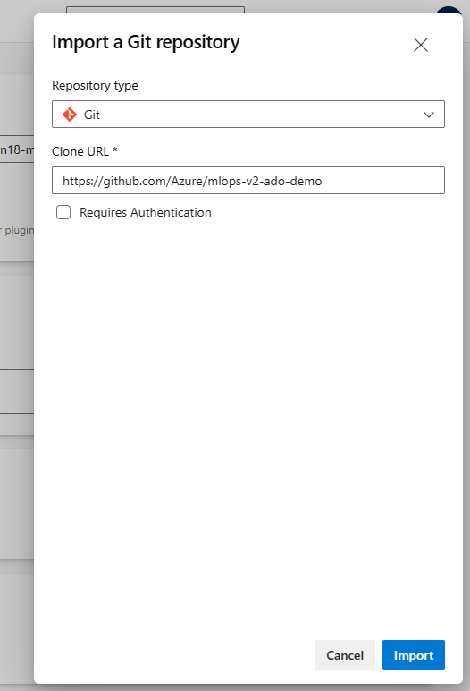 Captura de tela do da importação do repositório de demonstração de MLOps do Azure DevOps.