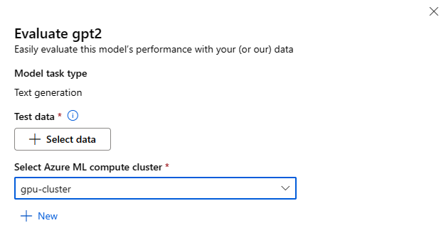 Captura de tela mostrando o formulário de configuração de avaliação após o usuário selecionar o botão avaliar em um cartão de modelo de um modelo base.