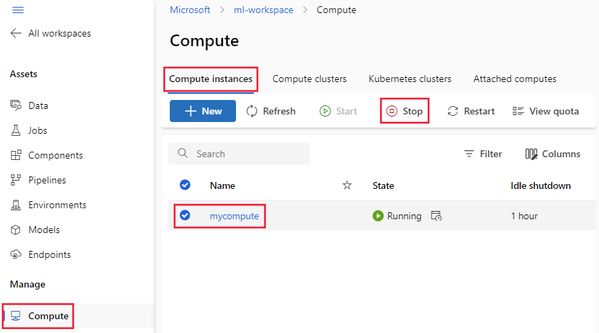 Captura de tela do botão Parar da instância de computação