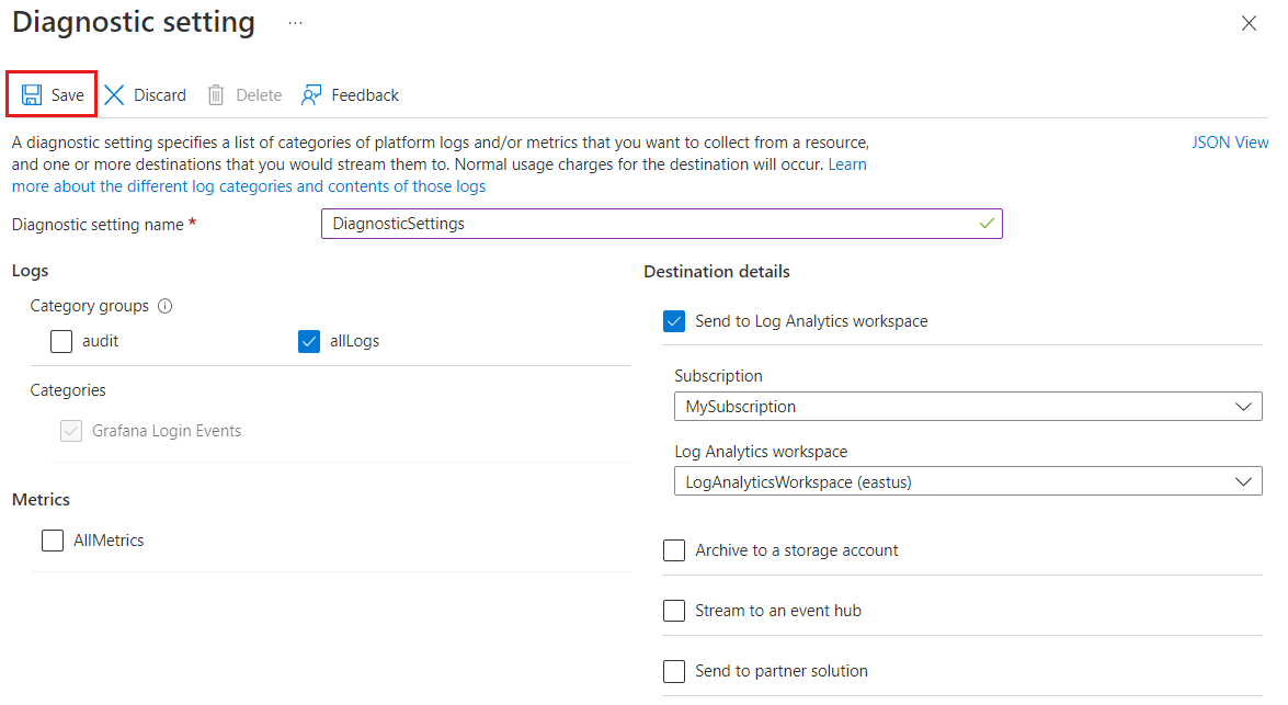 Captura de tela da plataforma Azure. Definições de configurações de diagnóstico.