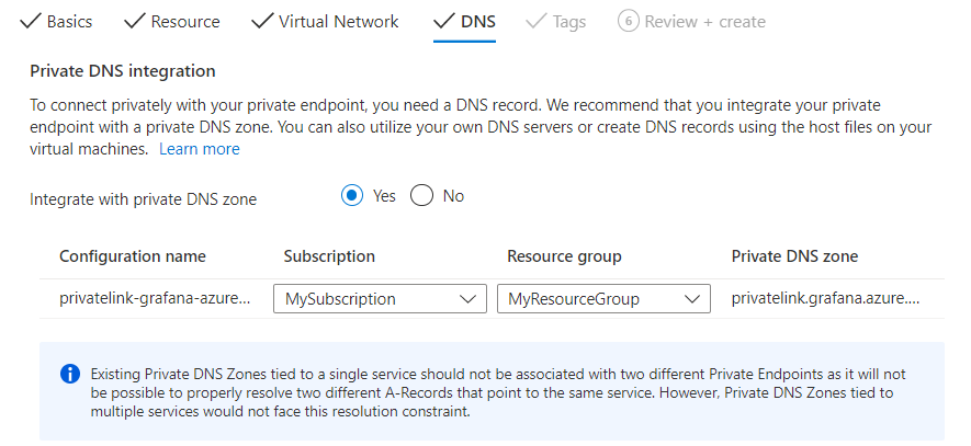 Captura de tela do portal do Azure preenchendo a guia DNS.