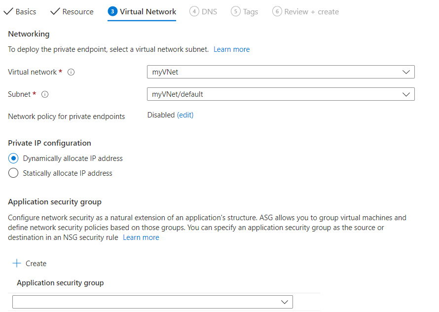 Captura de tela do portal do Azure preenchendo a guia de rede virtual.