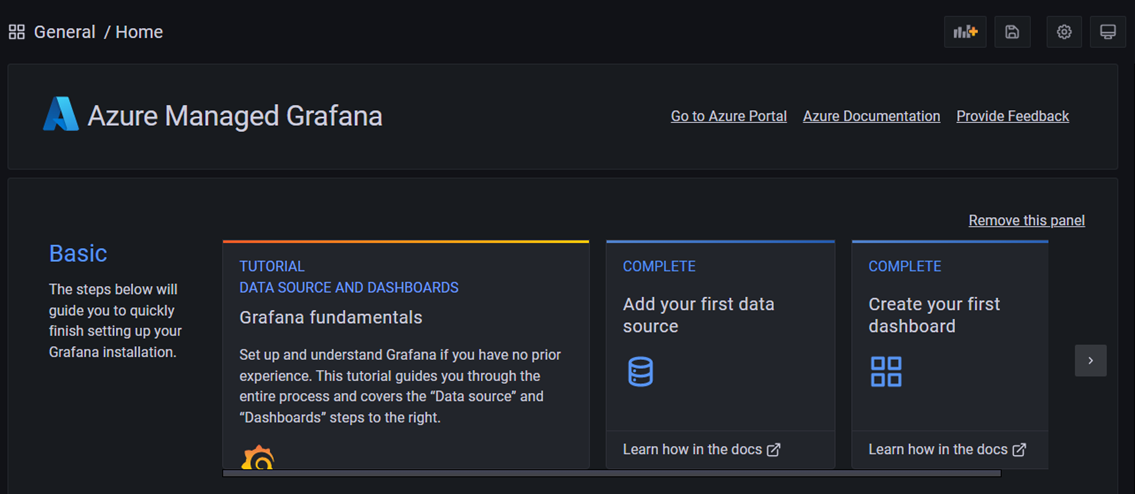 Captura de tela de uma instância do Espaço Gerenciado para Grafana.