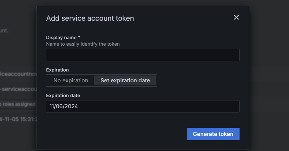 Captura de tela da plataforma do Azure. Adicionar página de token de conta de serviço.