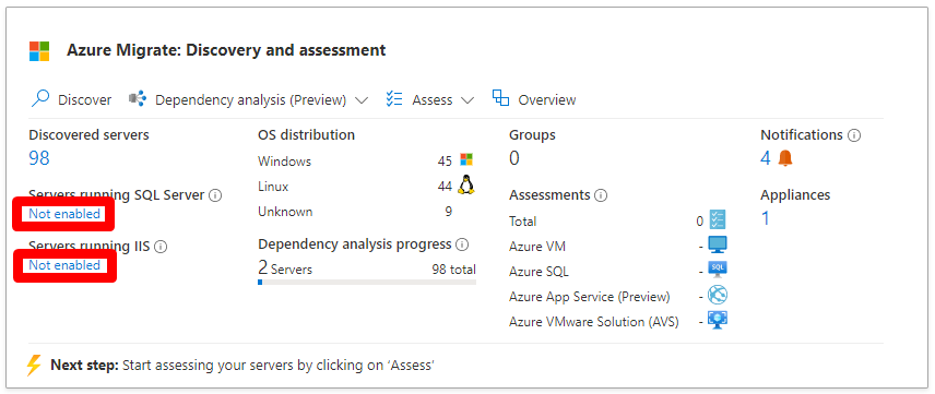 Captura de tela do bloco do Hub de Migrações para Azure com a descoberta de SQL e aplicativos Web não habilitadas.