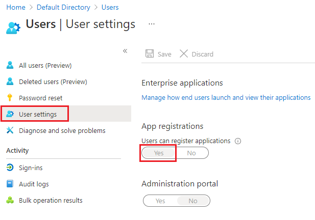 Captura de tela da verificação nas Configurações do Usuário se os usuários podem registrar aplicativos do Active Directory.