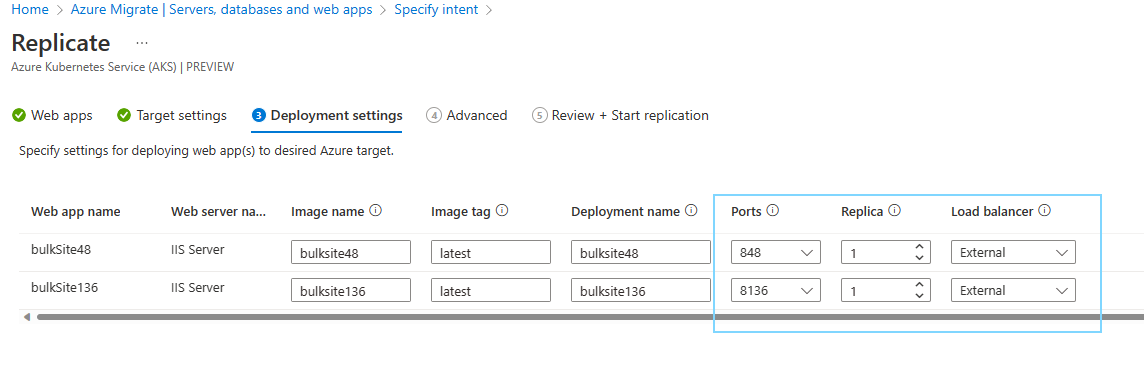 Captura de tela da guia Configurações de implantação na guia Replicar.