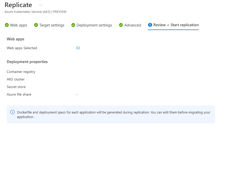 Captura de tela da guia Revisar + iniciar replicação na guia Replicar.