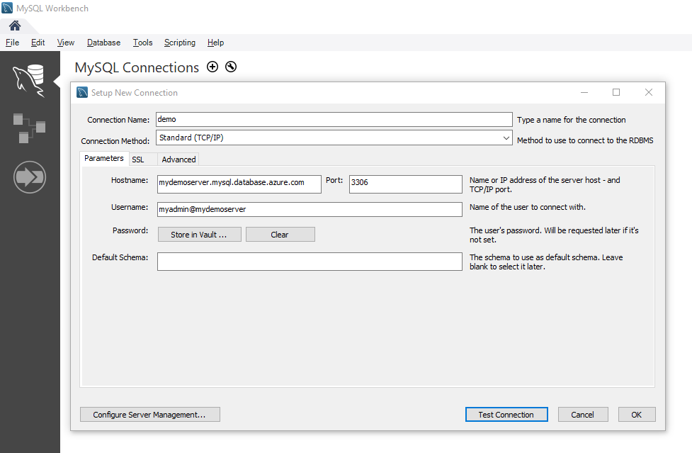 Captura de tela da cadeia de conexão do MySQL Workbench.