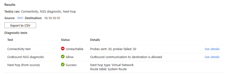 Captura de tela que mostra os resultados da solução de problemas de conexão depois de testar a conexão com um endereço IP de uma máquina virtual parada.