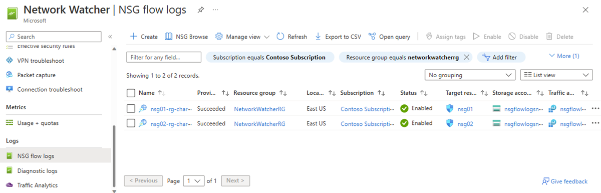 Captura de tela que mostra a página de logs do fluxo de NSG do Observador de Rede no portal do Azure.