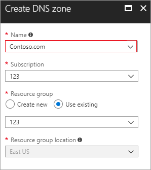 Captura de tela da criação de uma zona DNS no Azure.