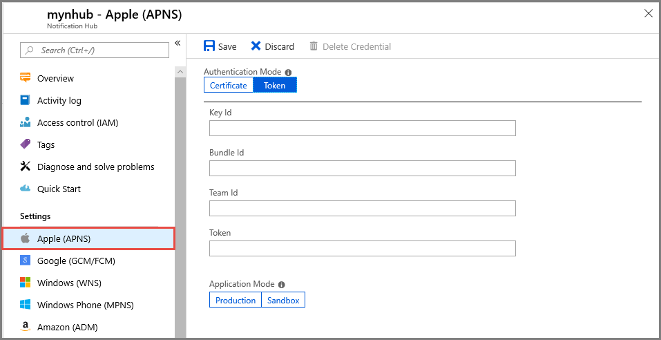 Captura de tela de uma configuração de token APNS no portal do Azure