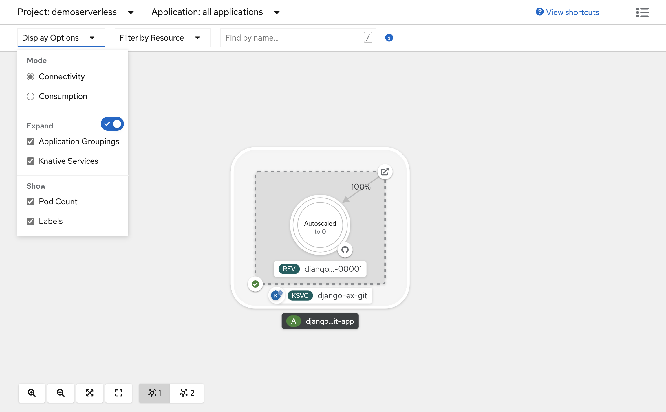 Uma captura de tela que mostra a contagem de pods quando foi dimensionada para zero.