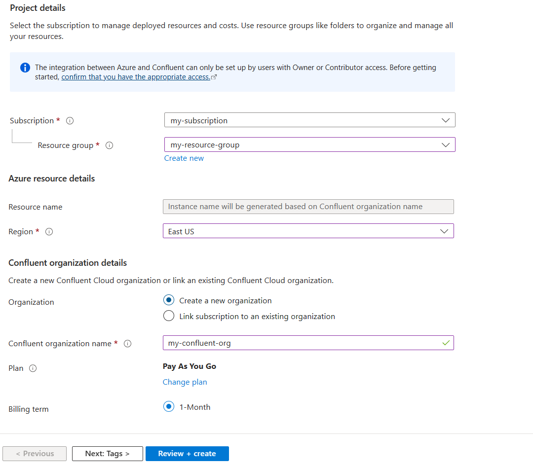 Formulário para configurar o recurso da Confluent Cloud.