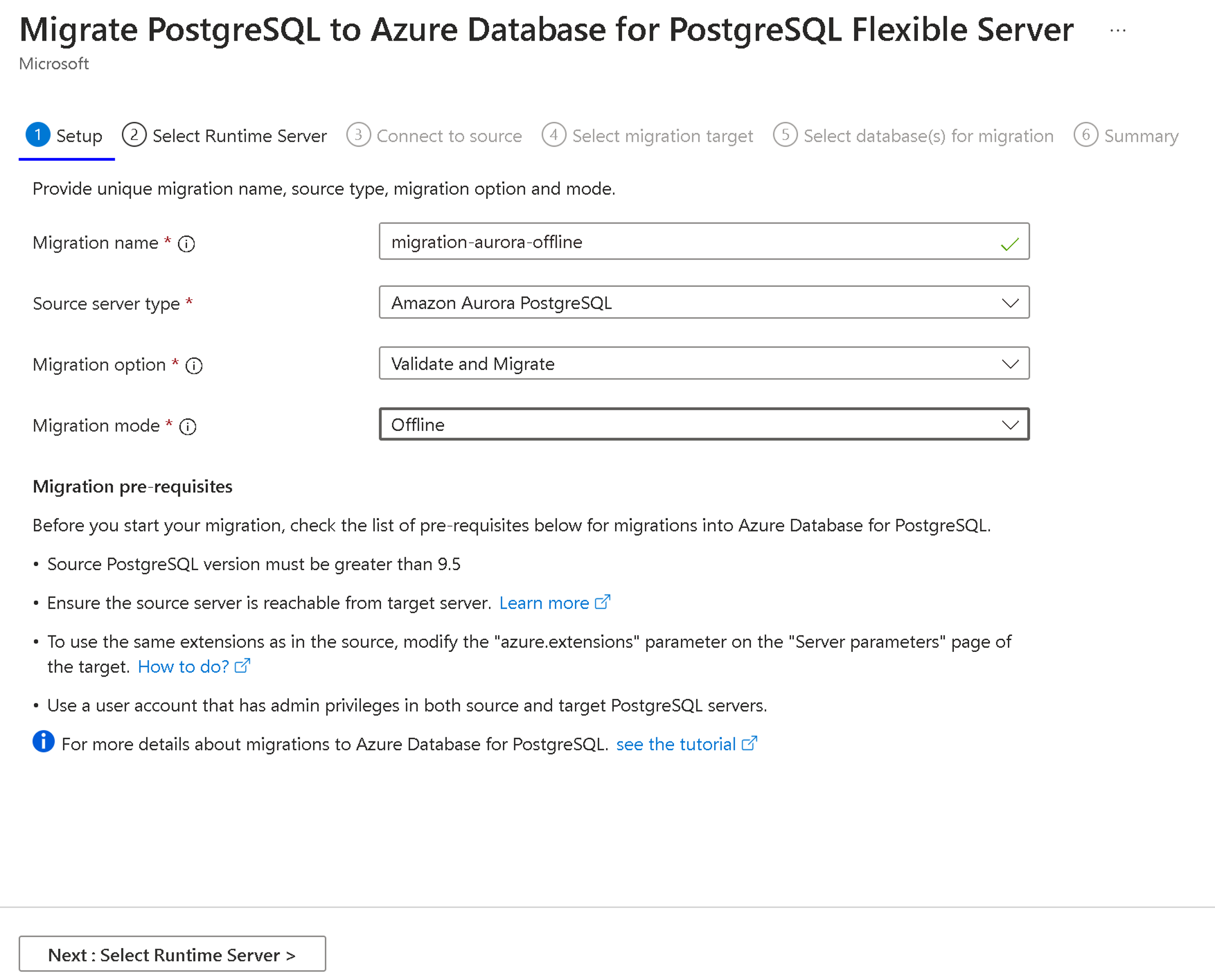 Captura de tela da guia Configuração de migração no portal do Azure.