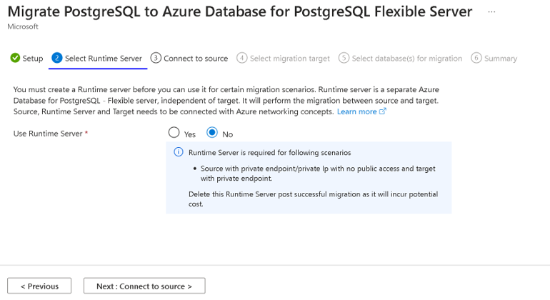 Captura de tela da guia Servidor do Runtime de Migração.