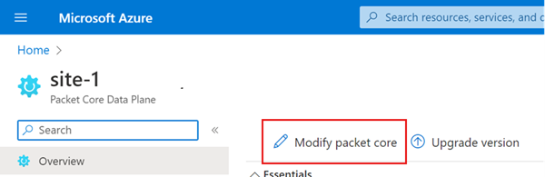 Captura de tela do portal do Azure mostrando a opção Modificar núcleo de pacotes.