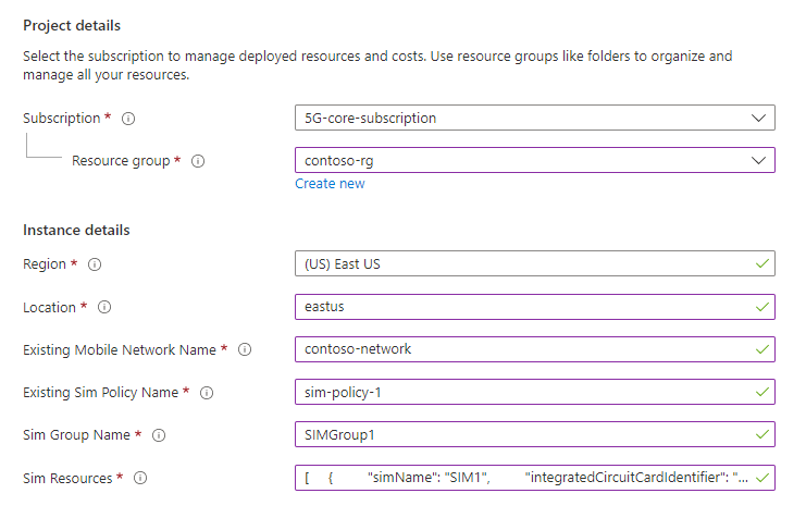 Captura de tela do portal do Azure mostrando os campos de configuração para o modelo do ARM dos SIMs.