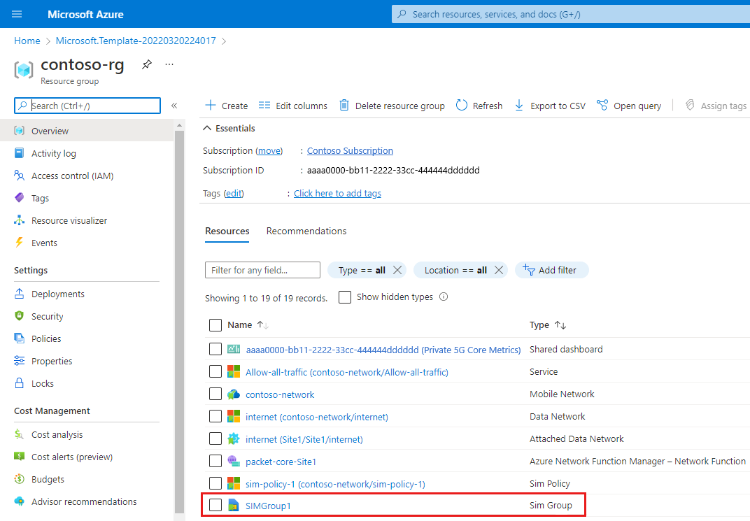 Captura de tela do portal do Azure mostrando um grupo de recursos que contém um grupo SIM recém-criado.