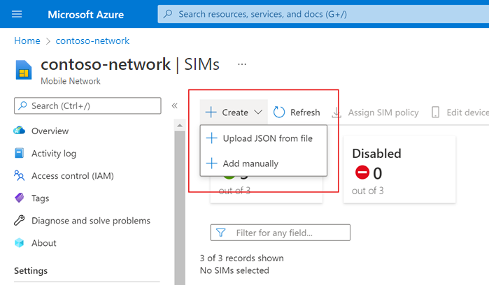 Captura de tela do portal do Azure exibindo o botão Criar e suas opções - Carregar J S O N do arquivo e Adicionar manualmente.