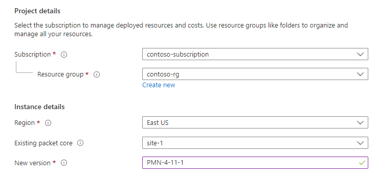 Captura de tela do portal do Azure mostrando os campos de configuração do modelo do ARM de atualização.