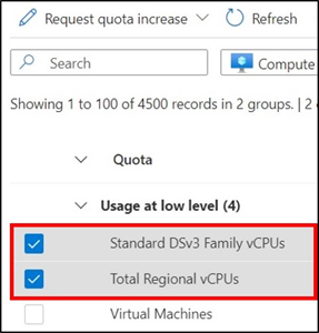 Captura de tela mostrando seleção de cota por VM no portal do Azure.