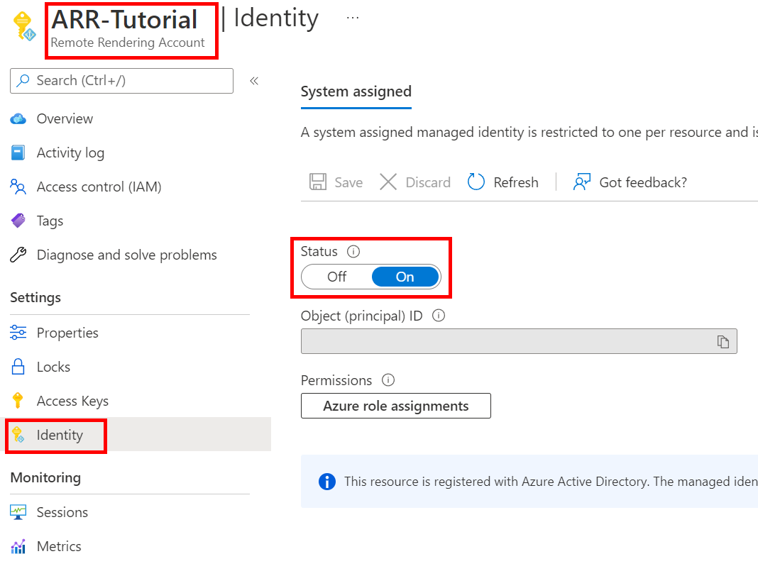 Captura de tela da página da conta do Azure Remote Rendering, submenu Configurações, identidade, com a opção de Status atribuído pelo sistema ativada.