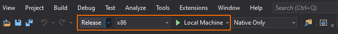 A screenshot showing the Visual Studio configuration and debugger mode.