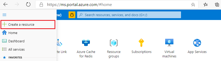 Captura de tela mostrando a opção Criar um recurso realçada no painel de navegação à esquerda no portal do Azure.