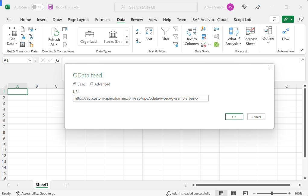 Captura de tela que mostra o assistente de configuração do OData no Excel Desktop.