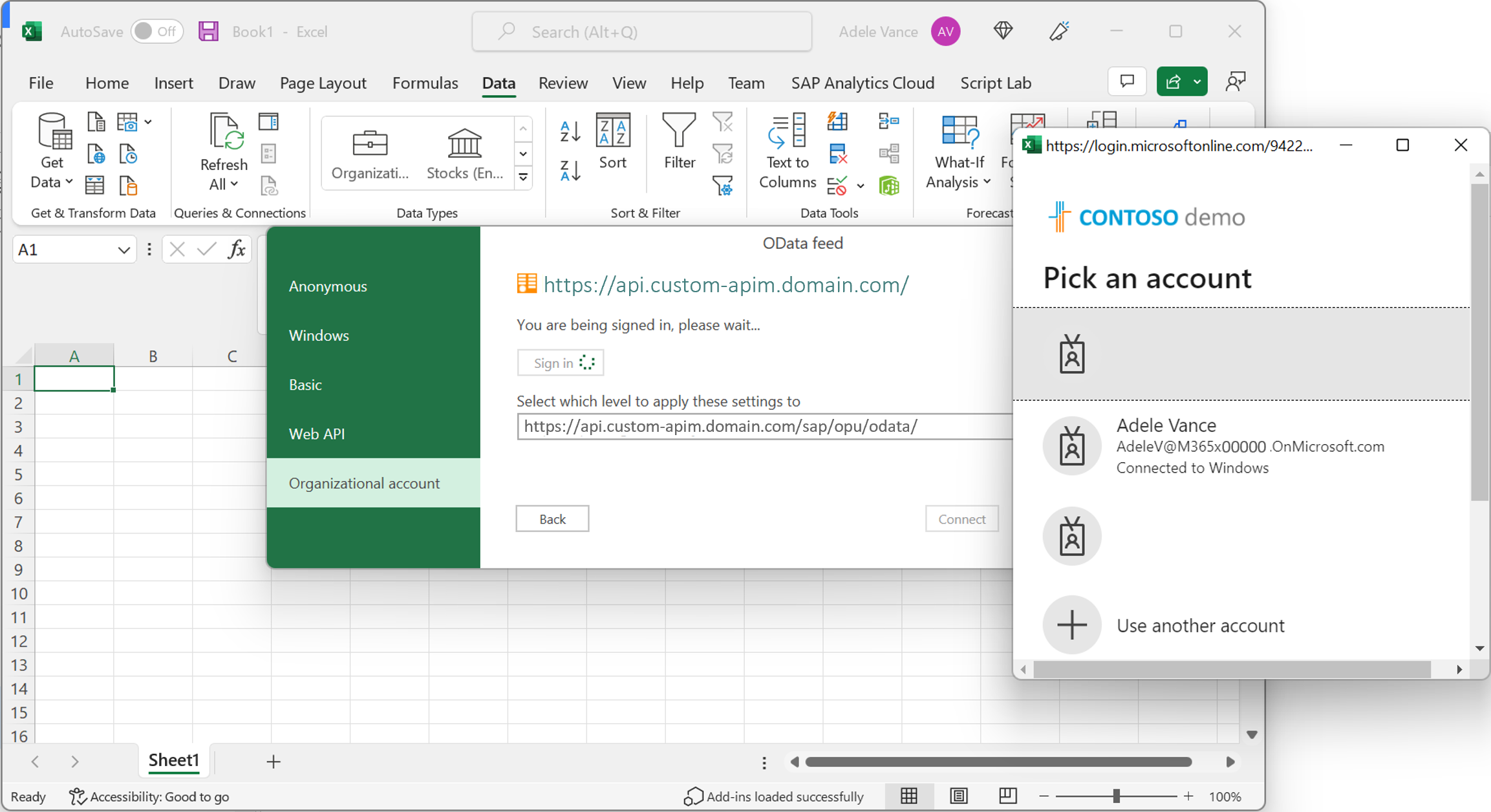 Captura de tela que mostra o fluxo de login no Excel para a opção Conta organizacional.