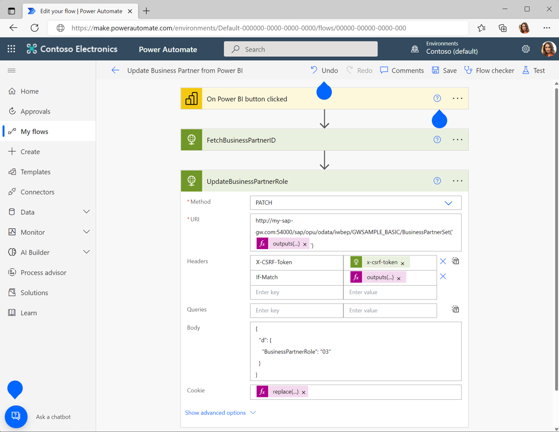 Captura de tela que mostra o fluxo no Power Automate solicitando a alteração do parceiro de negócios no back-end do SAP.