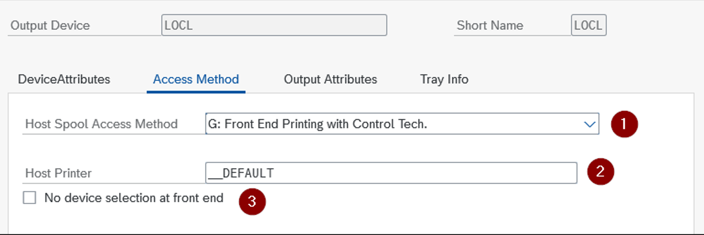 Exemplo de caixa de diálogo na tela de entrada da SPAD da transação do SAP mostrando a definição da impressora.