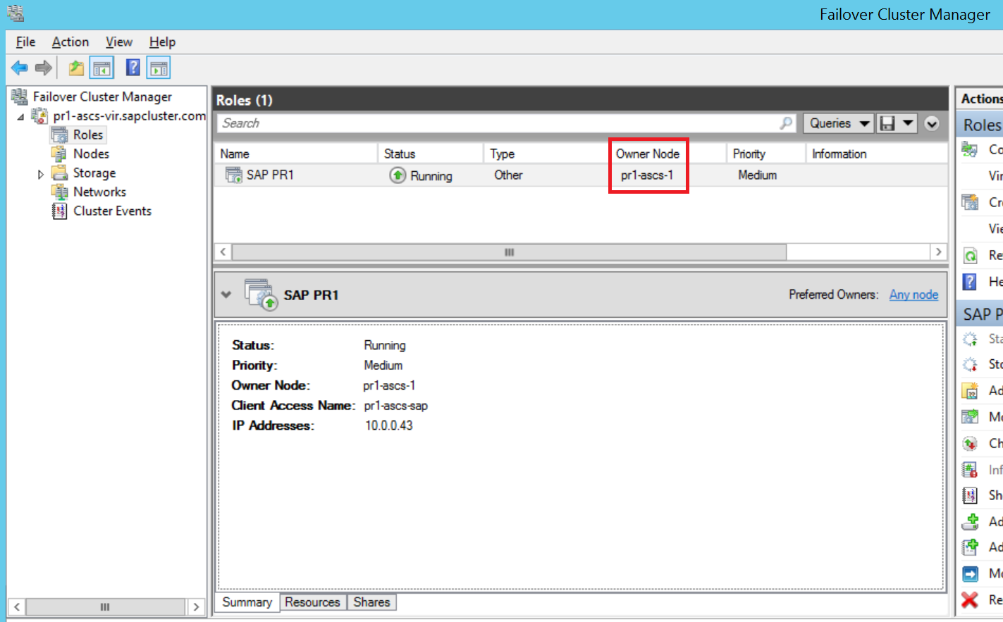 Figura 8: no Gerenciador de Cluster de Failover, o grupo de clusters SAP <SID> está em execução no nó B do cluster