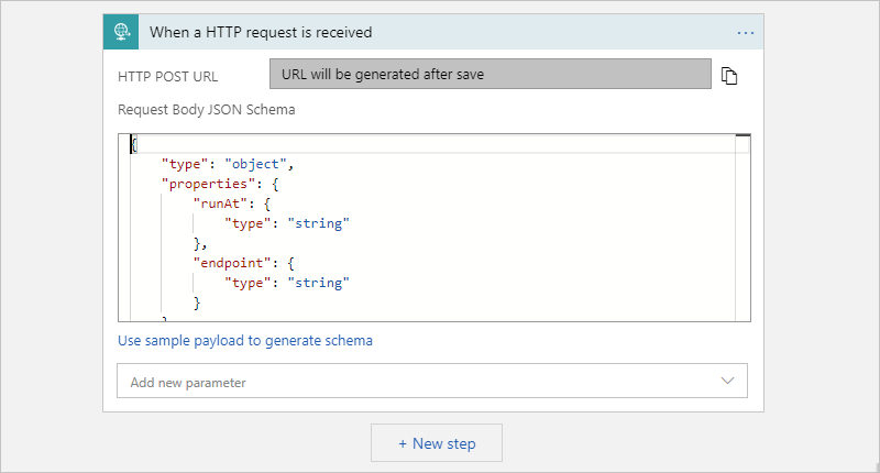 Captura de tela mostrando o gatilho Solicitação com um esquema de solicitação JSON de exemplo.