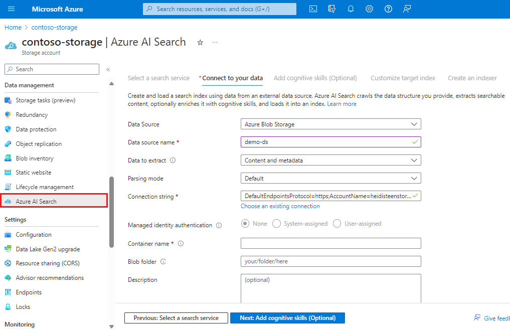 Captura de tela do assistente do IA do Azure Search na página do portal de Armazenamento do Microsoft Azure.