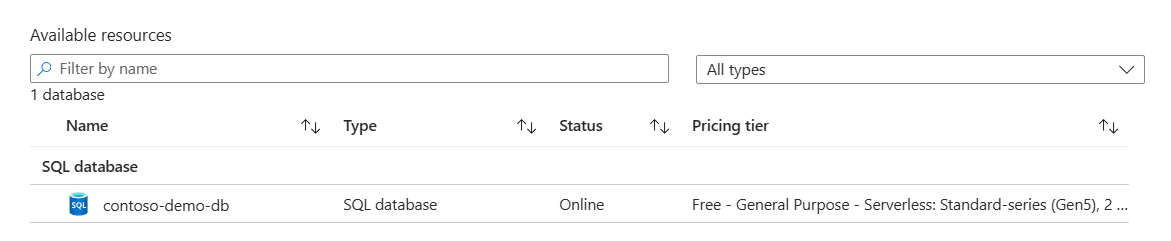 Captura de tela da página de status do banco de dados no portal do Azure.