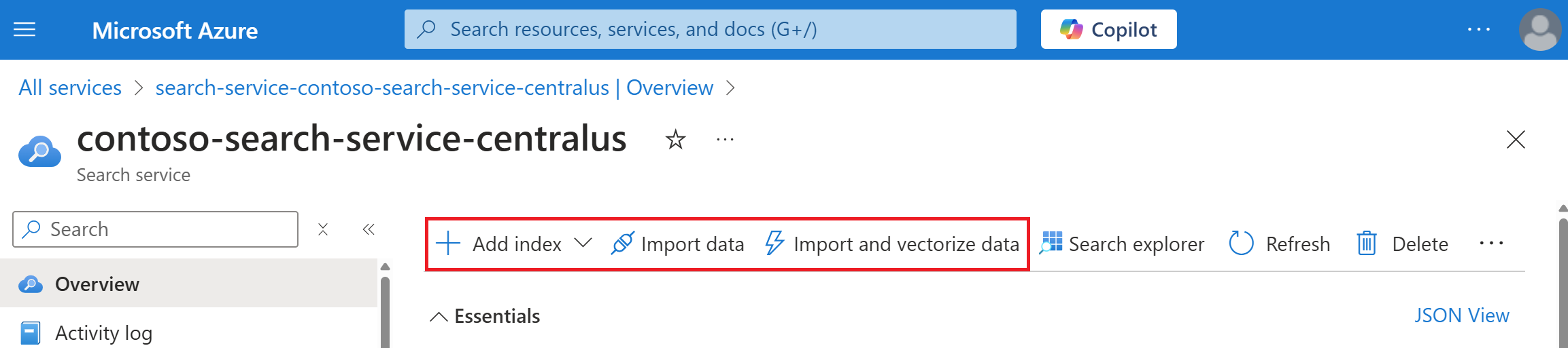 Captura de tela que mostra como abrir o assistente Importar dados no portal do Azure.