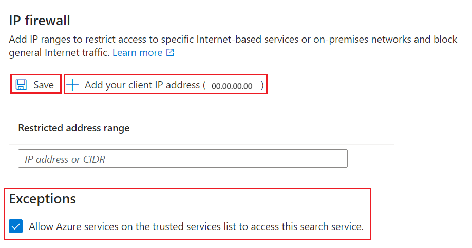 Captura de tela mostrando como configurar o firewall de IP no portal do Azure.