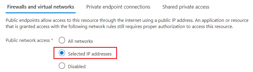 Captura de tela mostrando as opções de acesso à rede no portal do Azure.