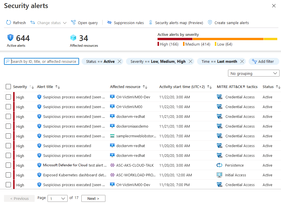 Lista de alertas de segurança do Microsoft Defender para Nuvem