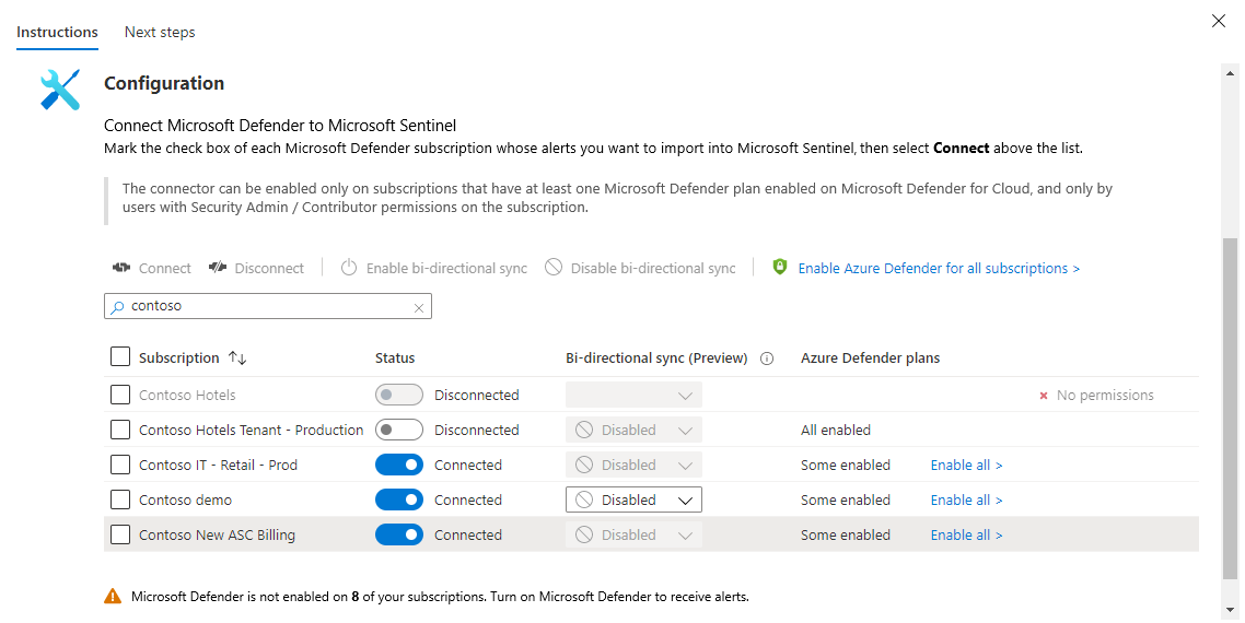 Captura de tela da configuração do conector do Microsoft Defender para Nuvem.