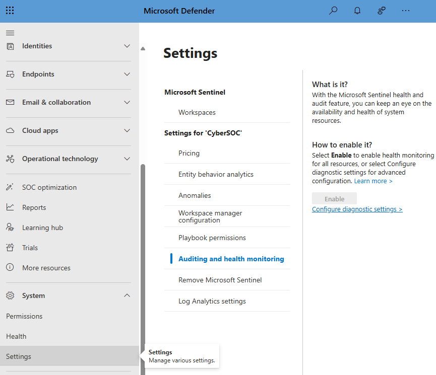 A captura de tela mostra como acessar as configurações de monitoramento de integridade no Portal do Defender.