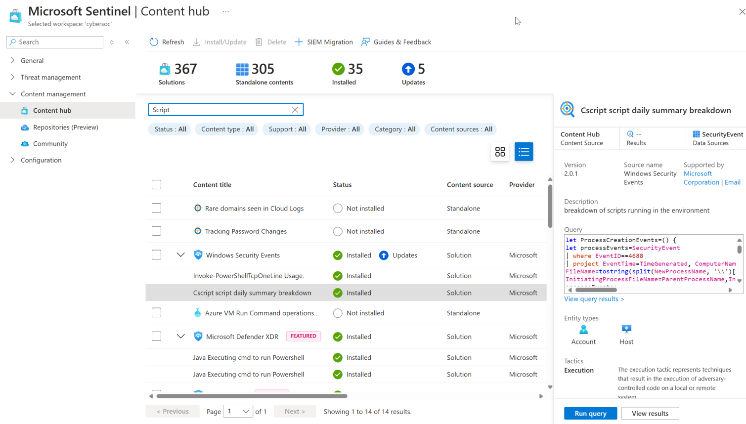 Captura de tela do hub de conteúdo do Microsoft Sentinel no portal do Azure.