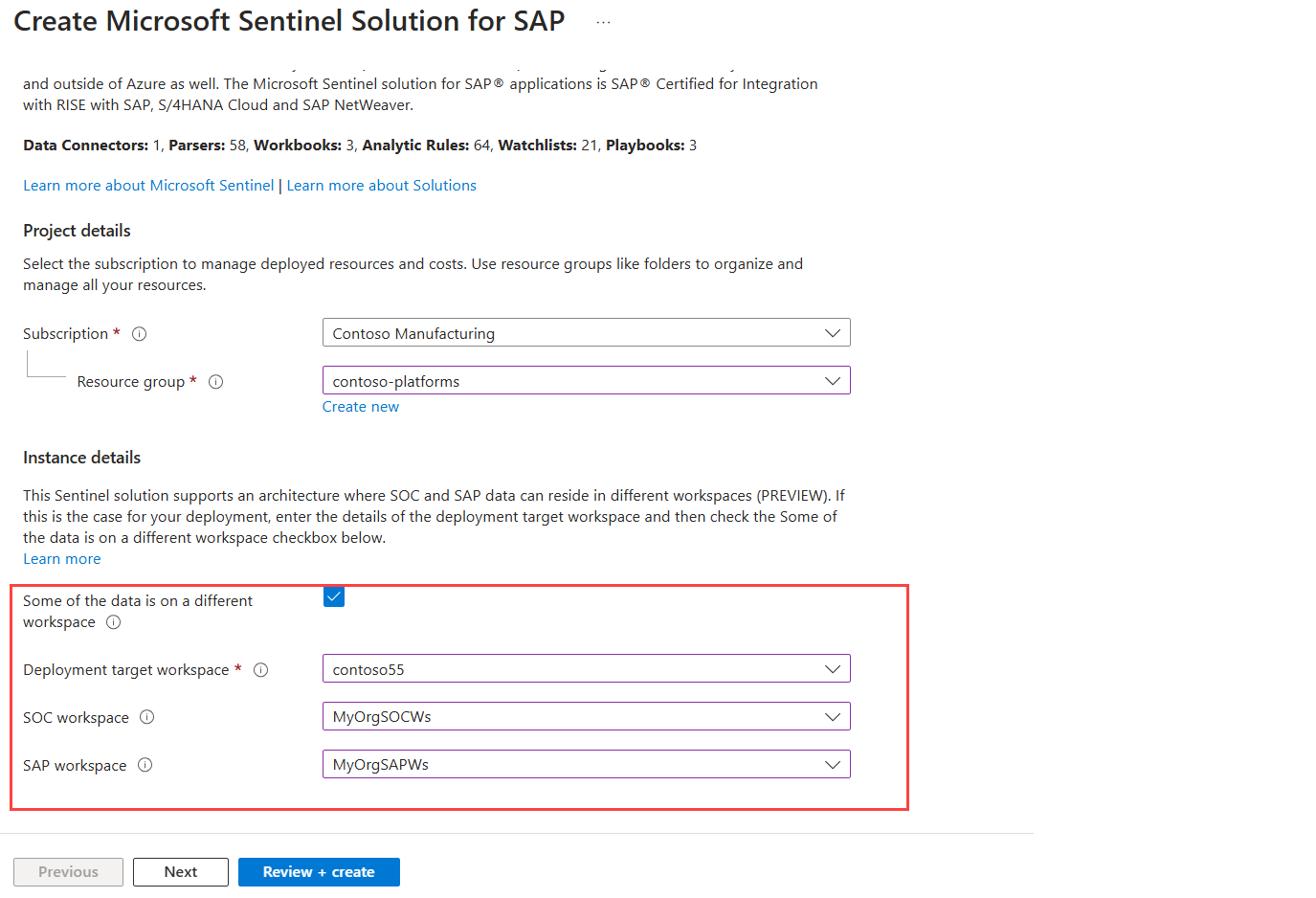 Captura de tela que mostra como configurar a Solução do Microsoft Sentinel para aplicativos SAP para que funcionem em vários workspaces.