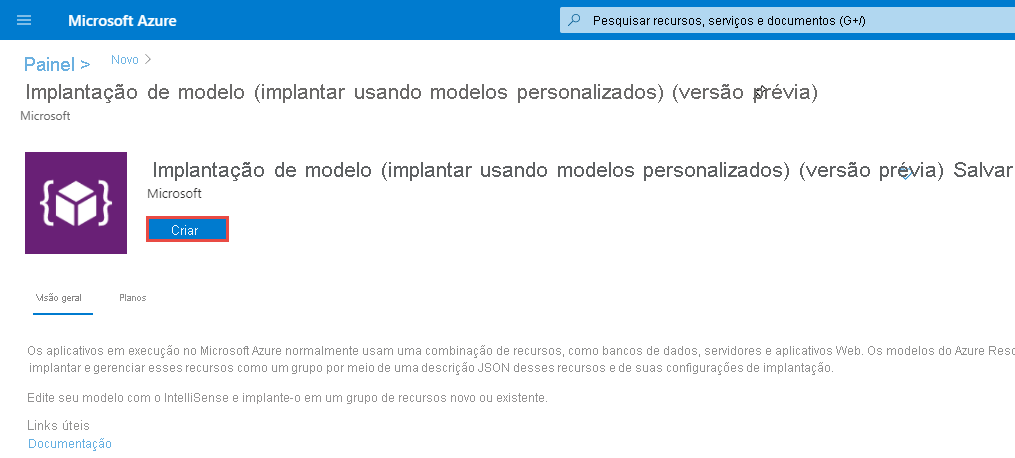 Nova implantação de modelo – botão Criar