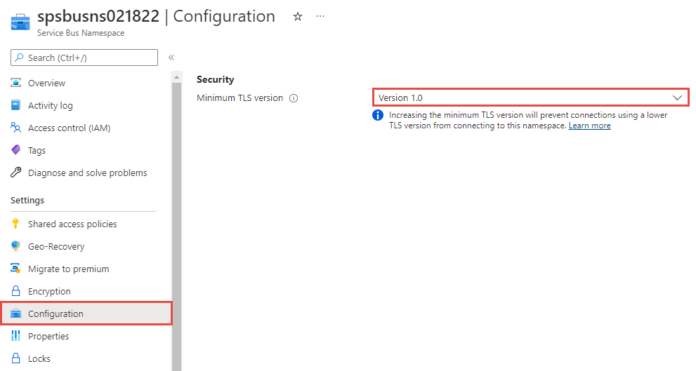 Captura de tela que mostra a página para configurar a versão mínima do TLS para um namespace existente.