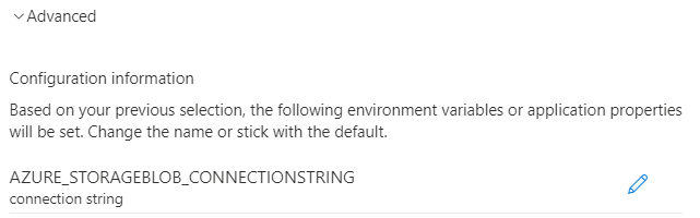 Captura de tela do portal do Azure mostrando a configuração de autenticação avançada para autenticação com uma cadeia de conexão.