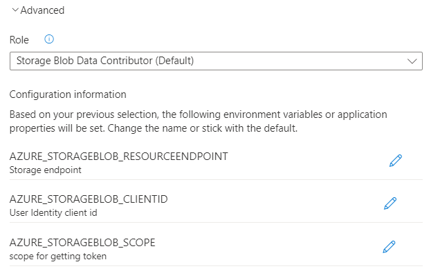 Captura de tela do portal do Azure mostrando a configuração de autenticação avançada para uma identidade gerenciada atribuída pelo usuário.